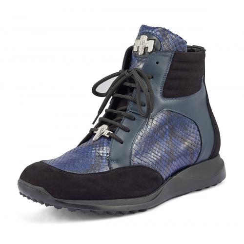 Mauri "Viper" Black / Wonder Blue Genuine Python / Nappa / Suede Leather High-Top Sneakers 8421.